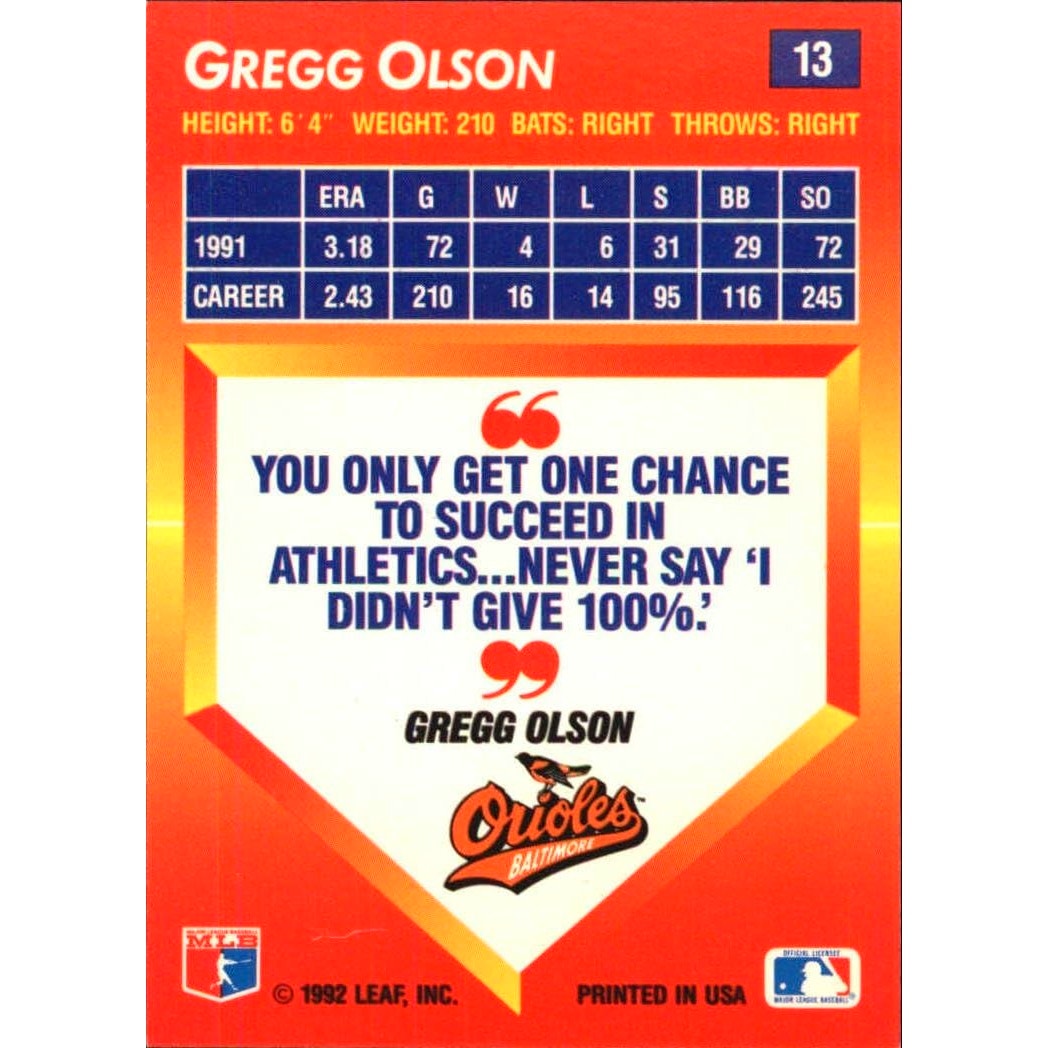 MLB 1992 Leaf Donruss Triple Play #13, Gregg Olson, Baltimore Orioles,  EXC Cond