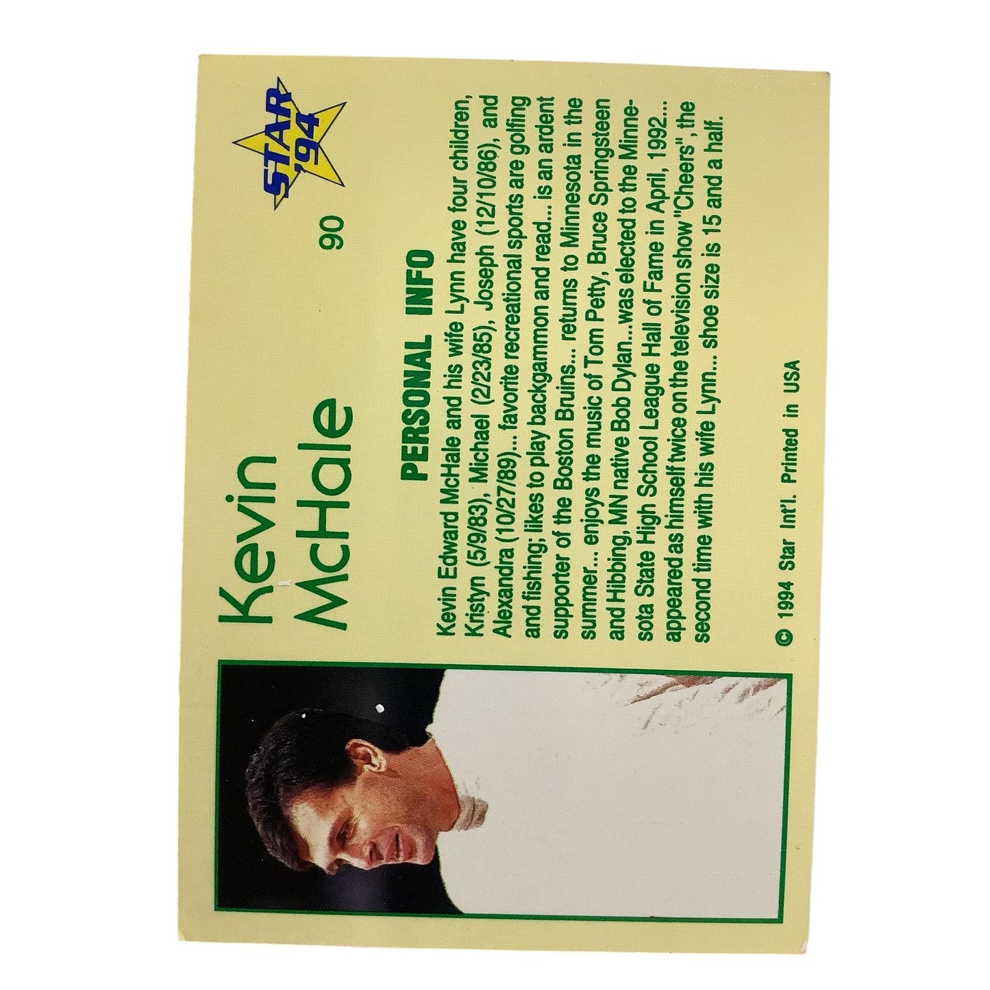 Kevin McHale, Boston Celtics, 1994 Star Int'l, Personal Data Card 90, EXC