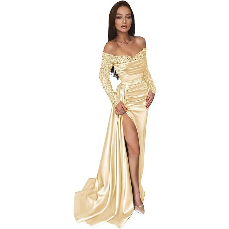 BONOYUER L/S Mermaid Off The Shoulder Satin Formal Evening Dress with Slit, 10