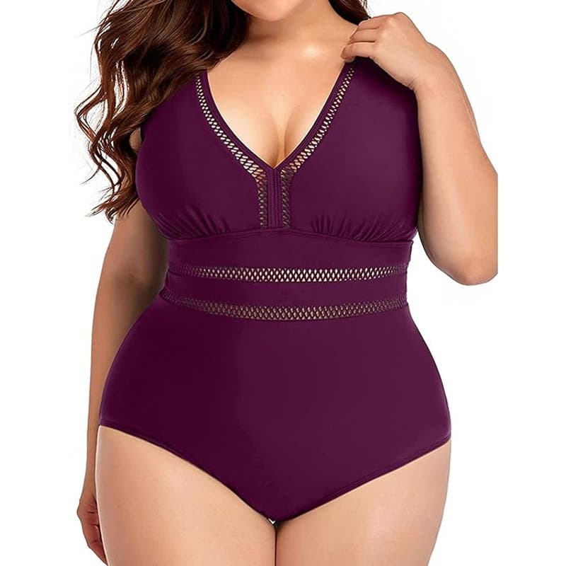 Daci Maroon Plus Size One Piece Swimsuits Sexy V Neck Backless Bathing Suit 24W