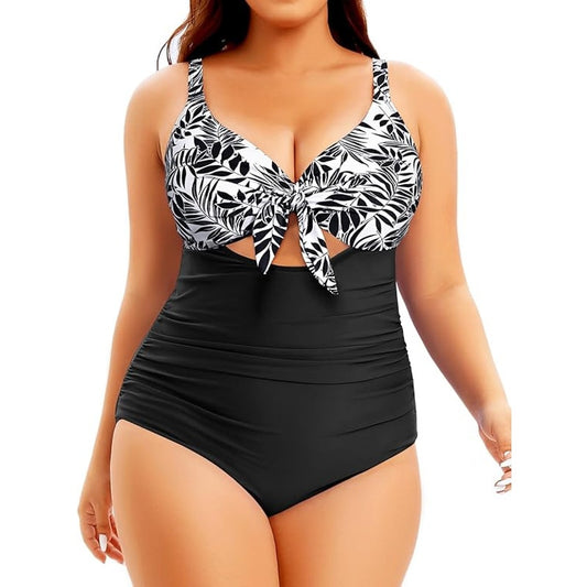 Aqua Eve One Piece Tummy Control Cutout Swimwear, Black and Leaf, 18W