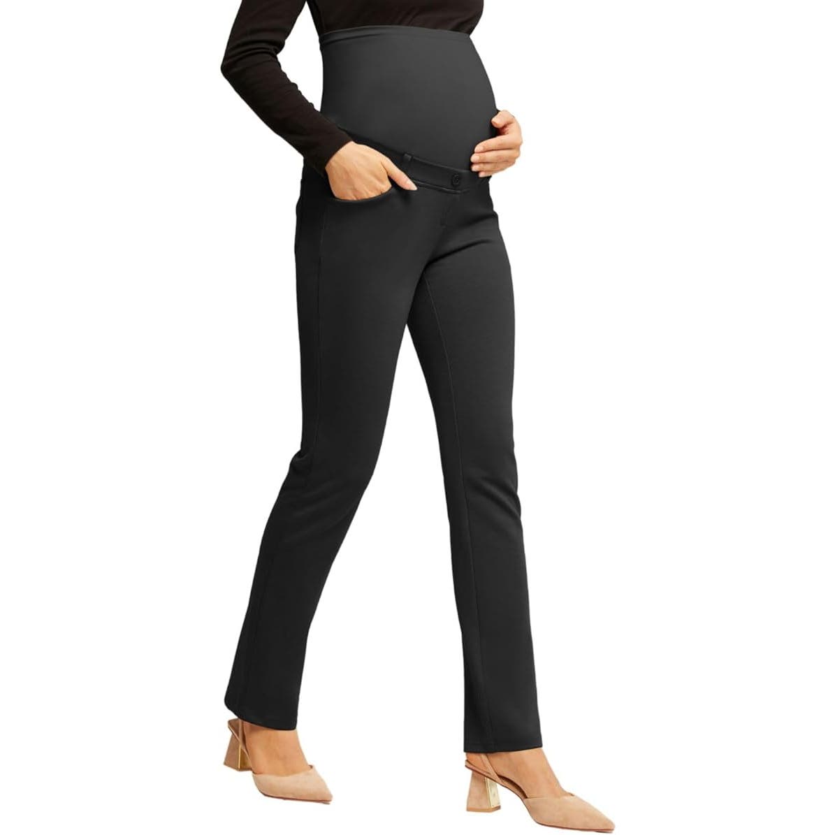 Maacie Maternity Stretchy Straight Legs High Waist Yoga Pants w/ Pockets, XL