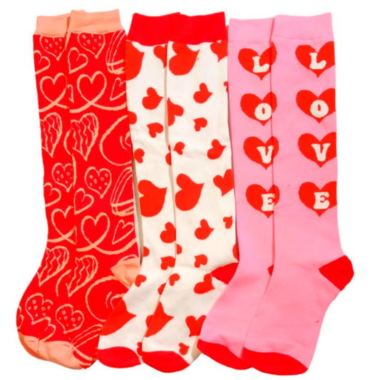 3 Pairs Jeyiour Heart/Love/Sweatheart Knee-High Socks, One Size (Shoe Size 5-9)