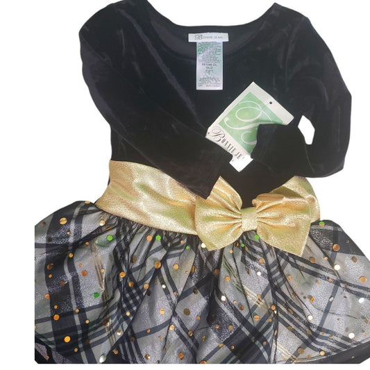 Bonnie Jean Long Sleeve Stretch Velvet to Gold Taffeta Print Hipster Dress, 3T