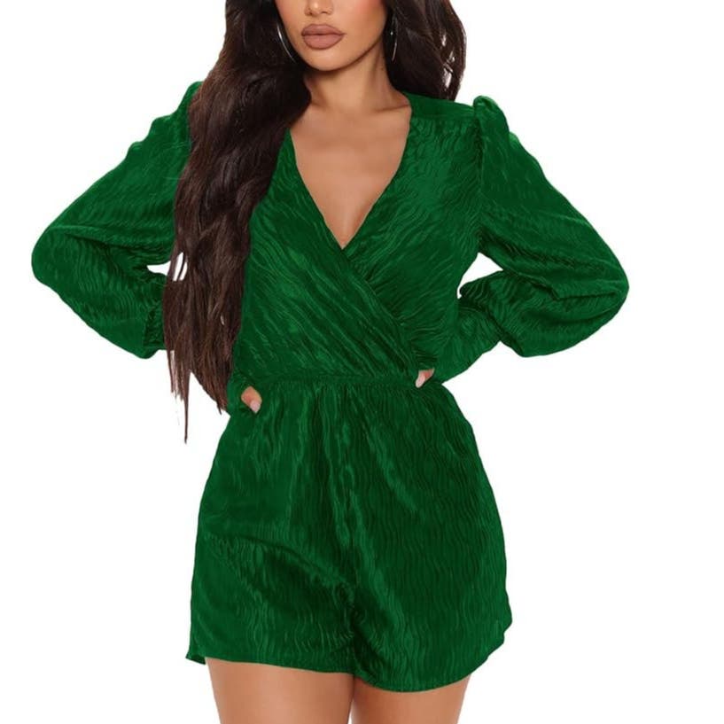 Casual L/S Romper V Neck Wrap Pleated High Waist Short Jumpsuits Streetwear, MED