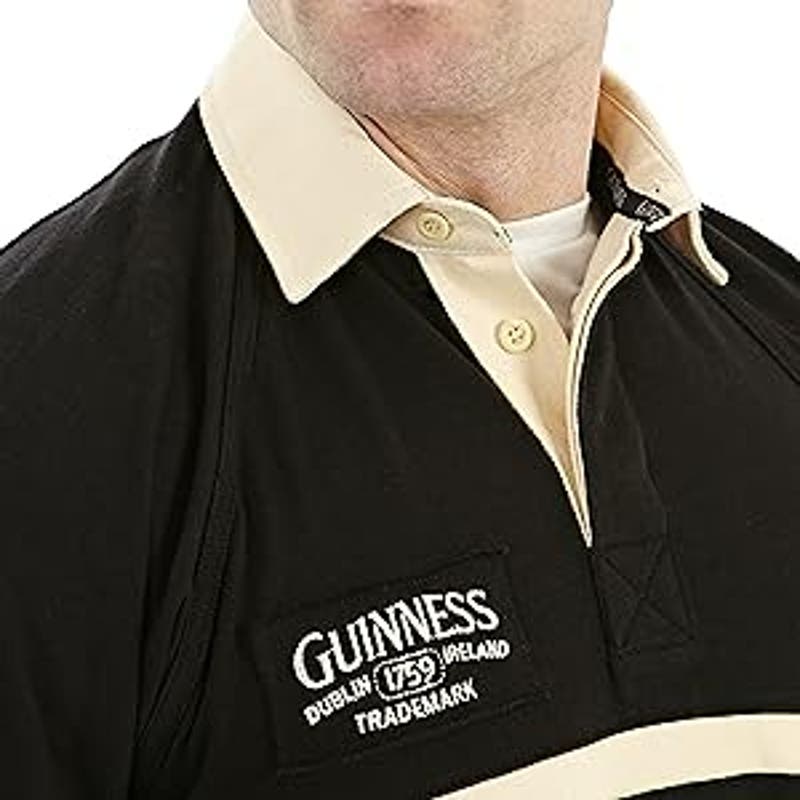 Guinness Traditional Black and Cream Long-Sleeve Rugby Jersey, XL, 100% Cotton