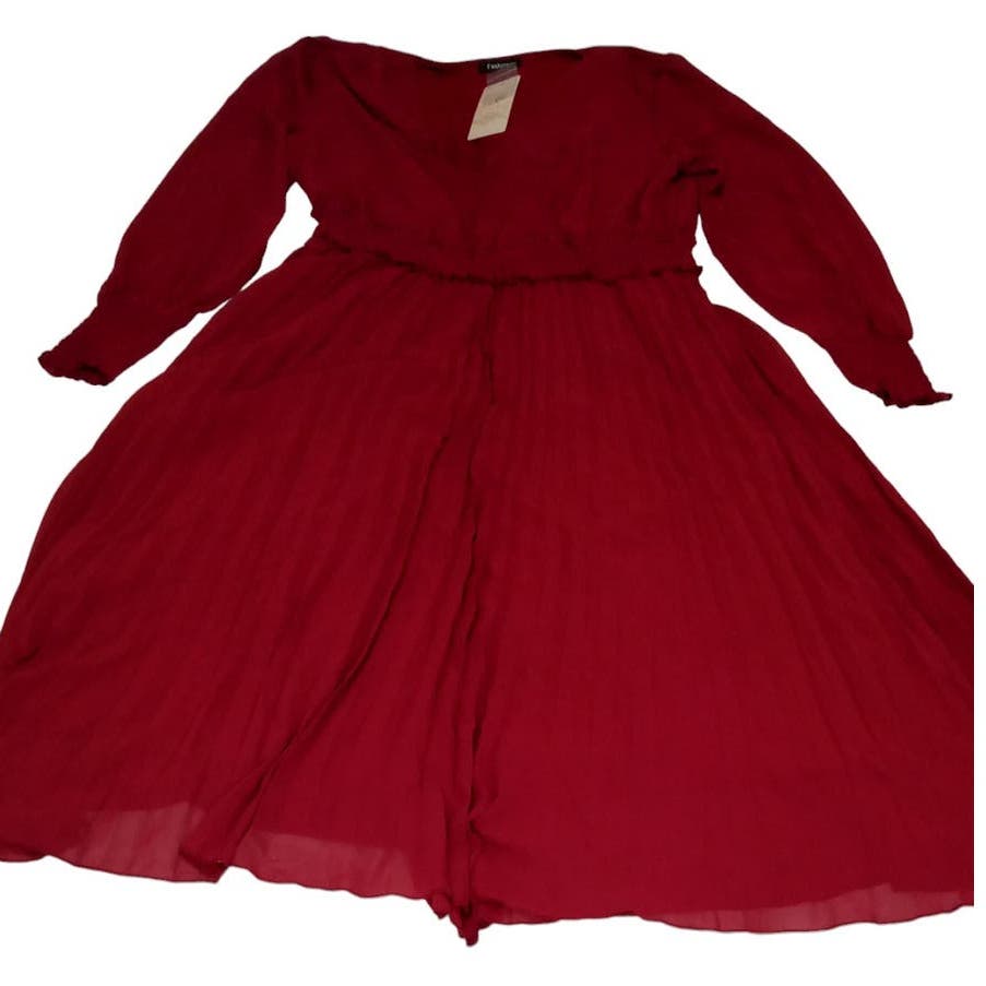 Wrap V Neck Spring Dress 2024 L/S Smocked Flowy Pleated Midi Dress, Wine Red, XL