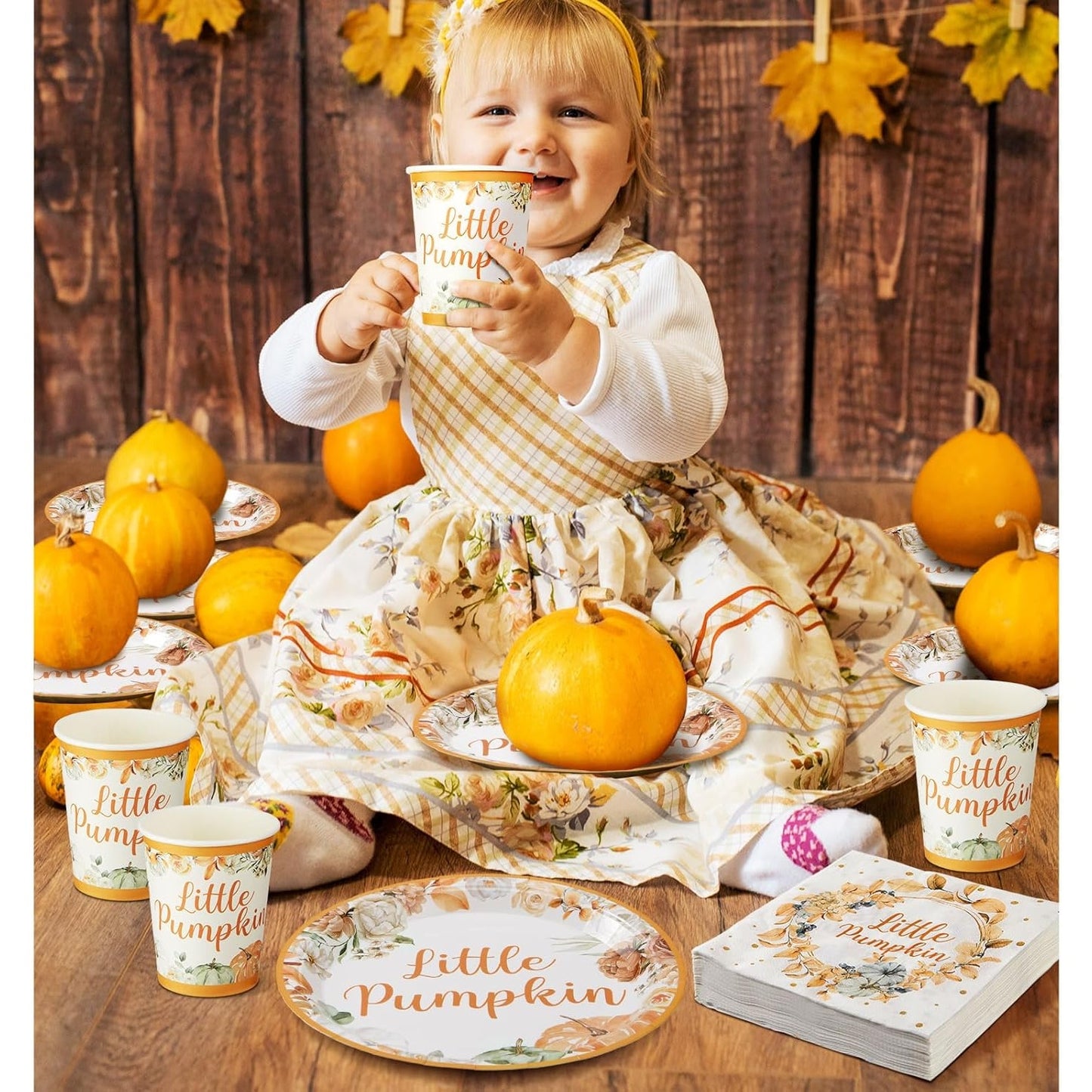 150 Pcs Little Pumpkin Disposable Serving Set, 50 Each- Plates, Napkins, Cups