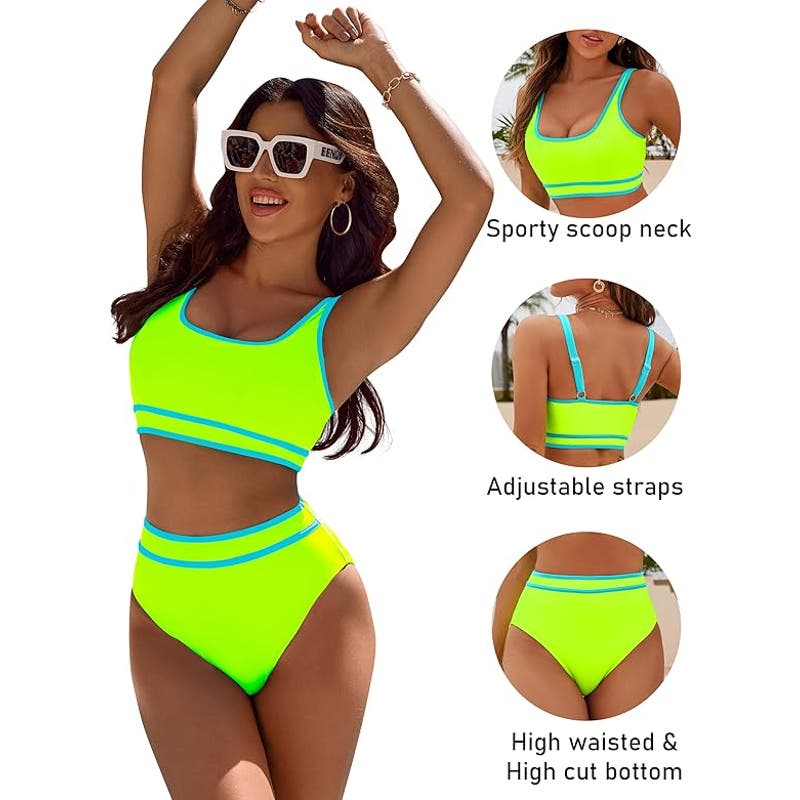 High Waisted Bikini Set, Two Piece, Color Block Cheeky High Cut, M, Neon Green