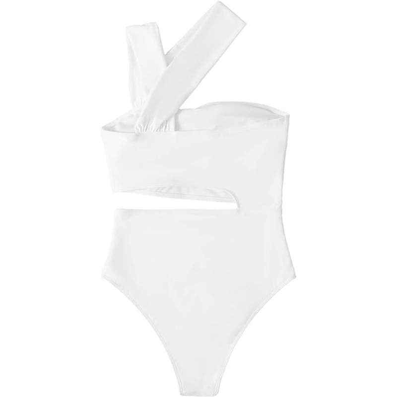 Cutout One Shoulder Piece Swimsuit Bikini High Waist, Monokini White Medium