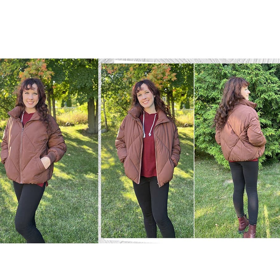 Women's L/S Stand Neck Puffer Coat Quilted Zip Baggy Down Jacket, Coffee, M