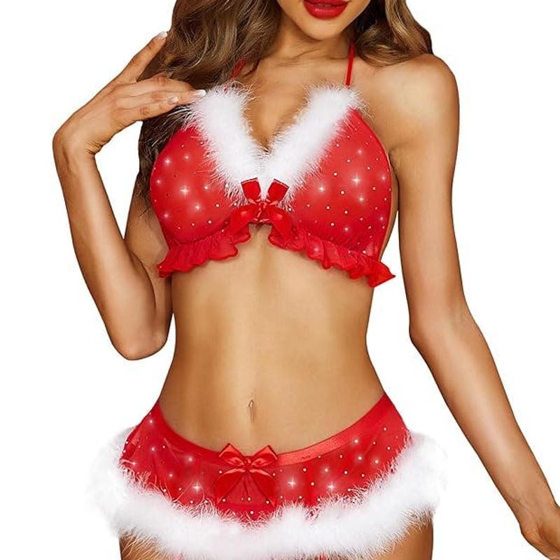 Lingerie Set, Sexy Santa Babydoll Teddy, 3 Piece Set - Skirt, Bra, Hat, Medium