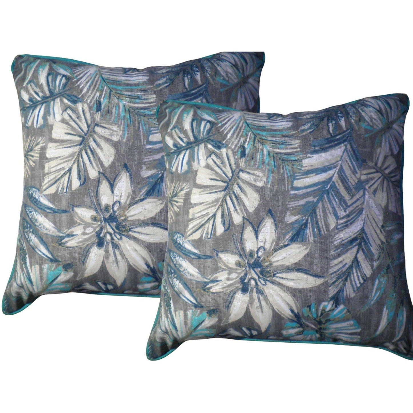 Set of 2 Square Outdoor Throw Pillows, Palm Hibiscus, Gray and Teal, 16 x 16 x 5