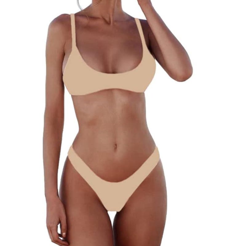 SherryDC Solid Scoop Neck Push up Padded Brazilian Thong Bikini, Beige, L