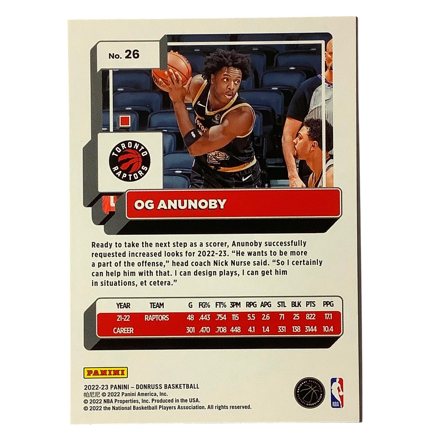 Og Anunosy -Green Sunburst- Toronto Raptors, Card#26, 2022-23 NBA Panini-Donruss