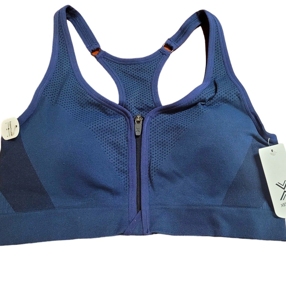 Xersion Medium Support Zip Front Seamless Sports Bra, Navy Blue, Large