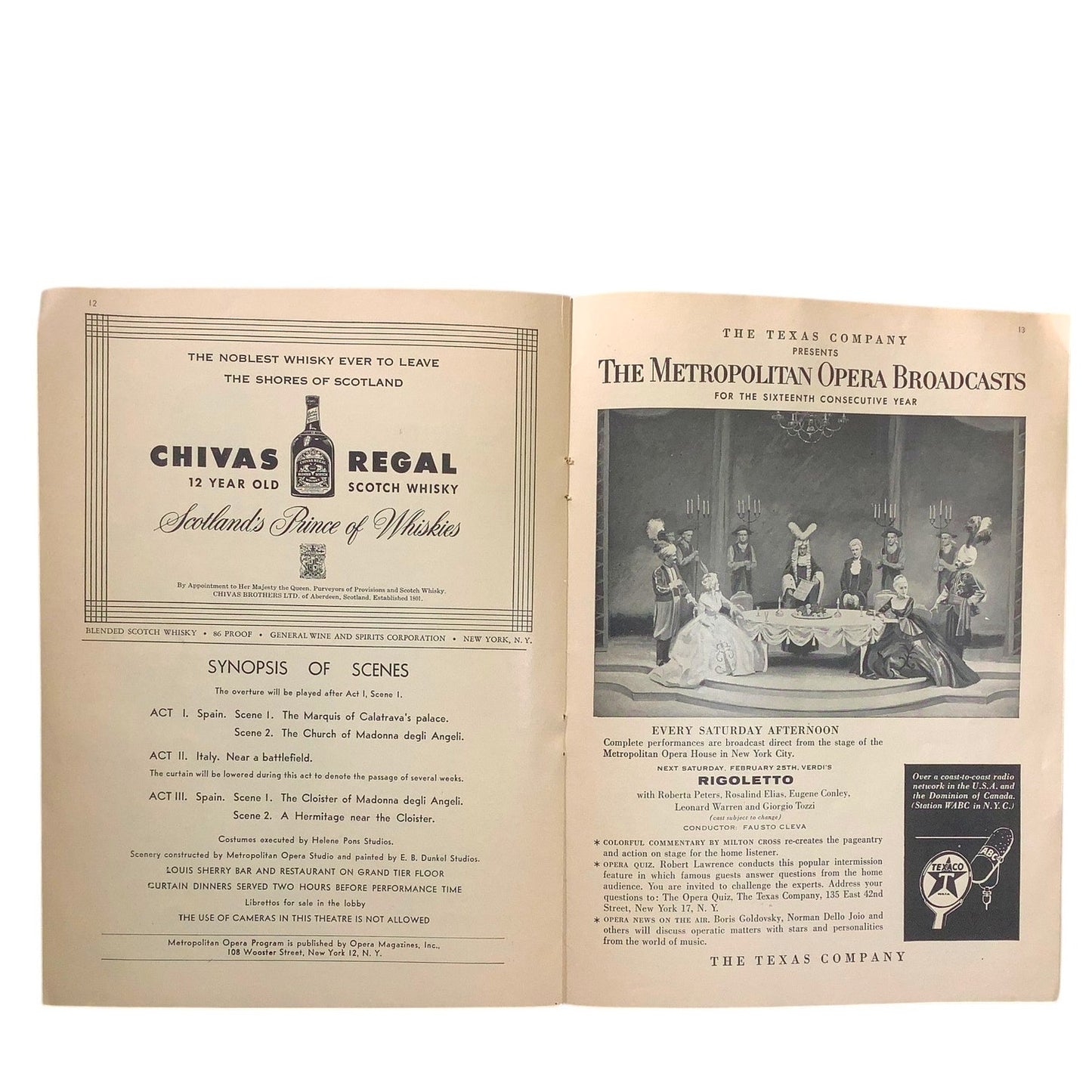 La Forza Del Destino Playbill Feb 21 1956 Metropolitan Opera House, Broadway NYC