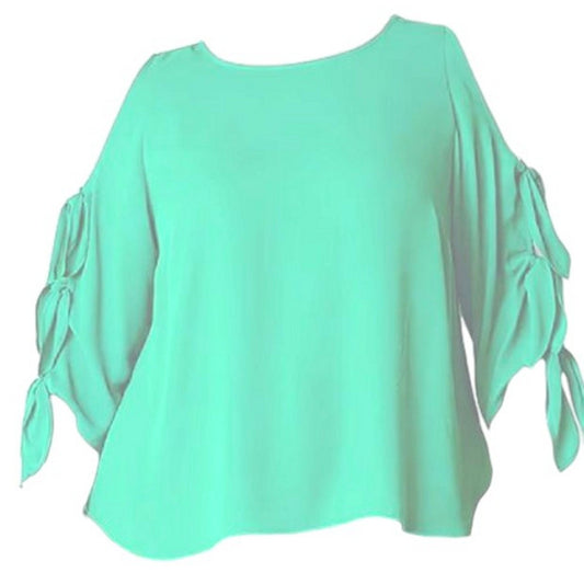 Bold Elements Women Round Neck 3/4  Tie Sleeve Blouse, Aqua Green, X-Small (0-2)