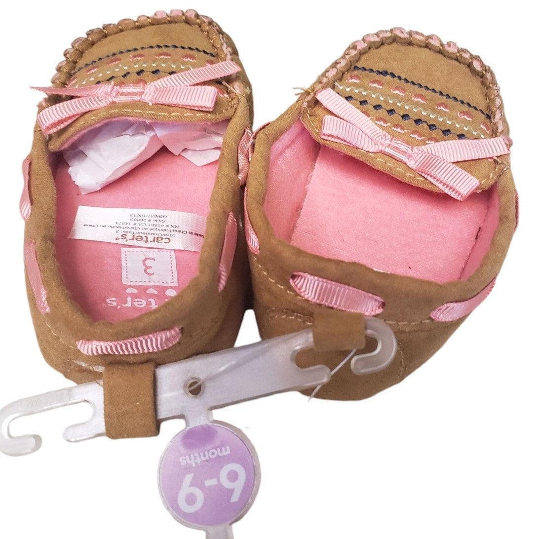 CARTER'S Baby Girls Size 3 (6-9 Months) Pink Bow, Brown Moccasins, NWT