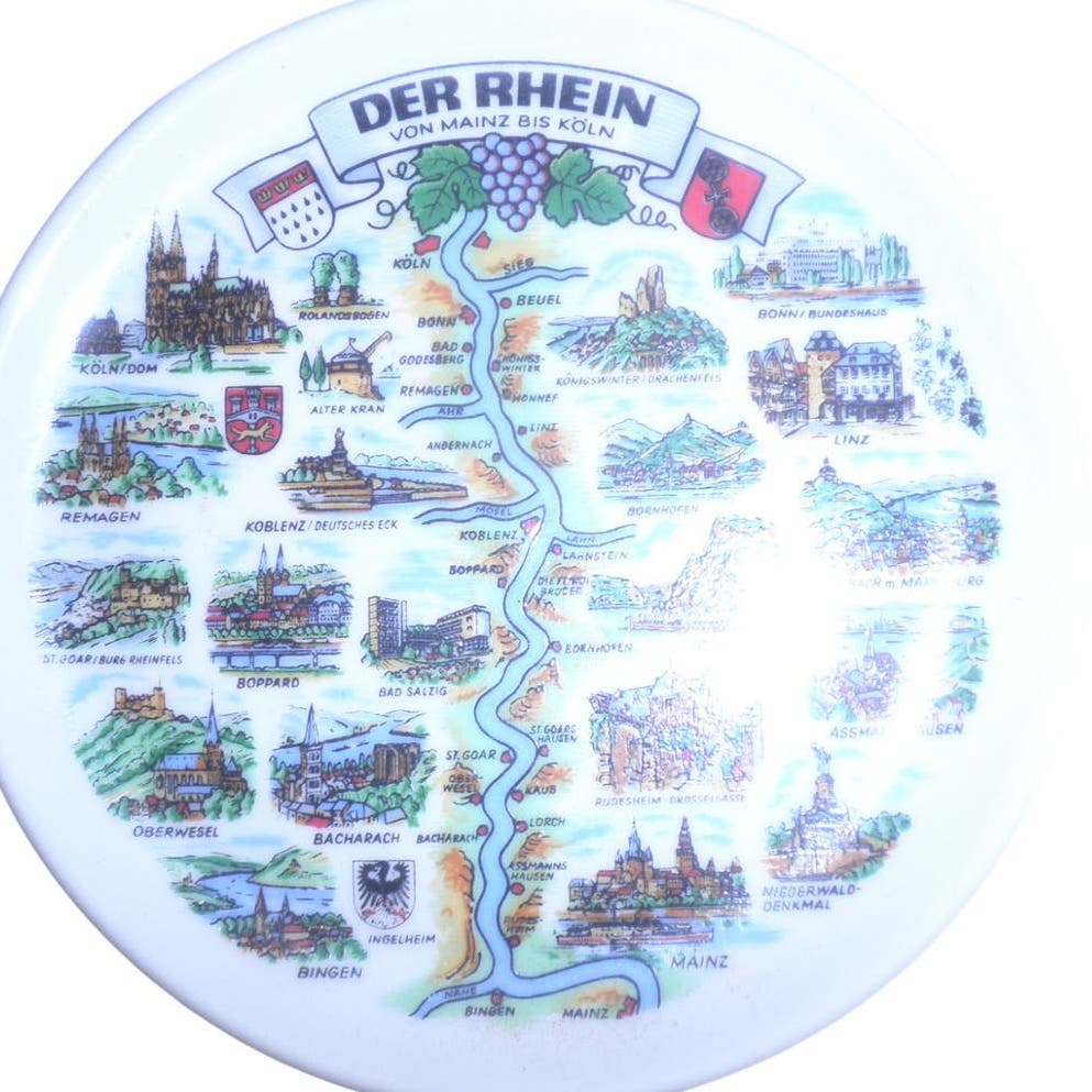 Porcelain Collectors Coaster, 3-7/8"D, Der Rhein Von Mainz Bis Koln -Rhein River