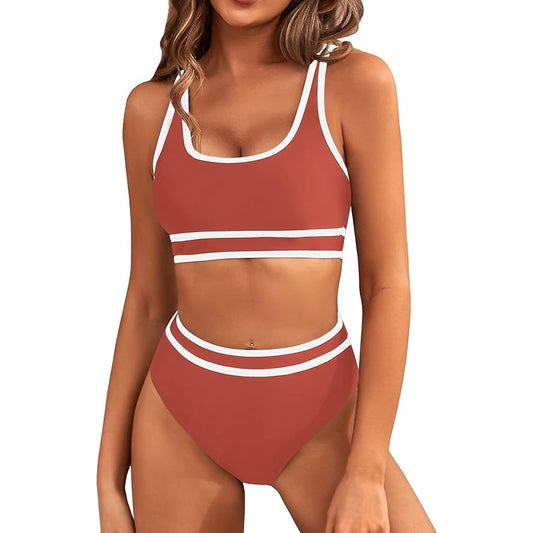 BMJL High Waisted Bikini Set Sporty Two Piece Cheeky High Cut Suit, Rust Red, M