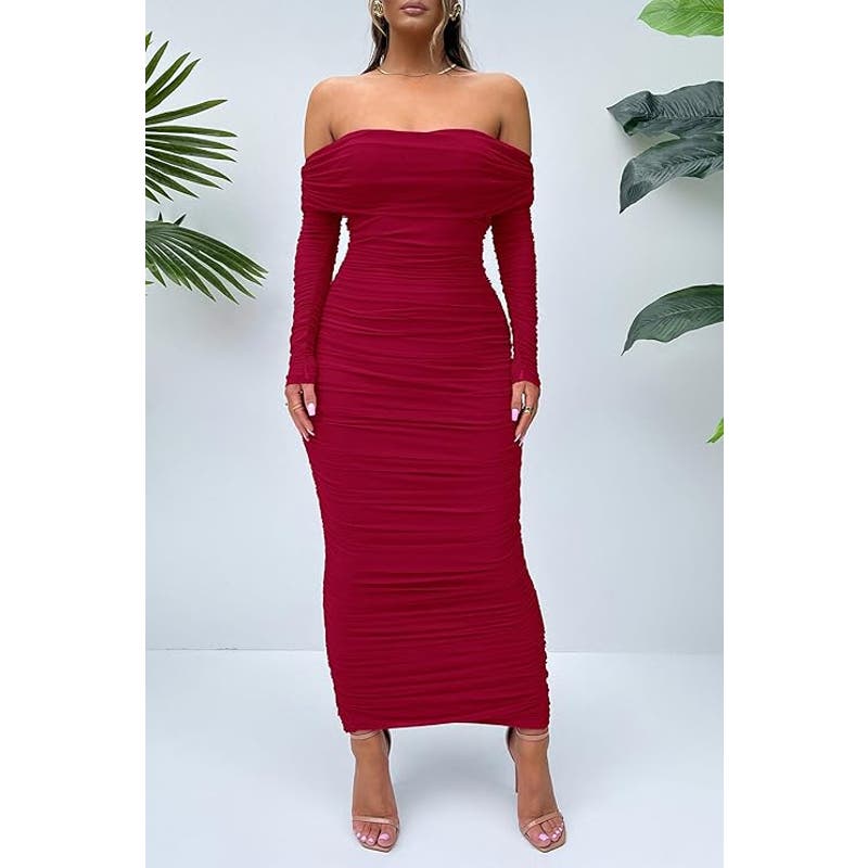 Fall Off Shoulder Maxi Bodycon Dress L/S Ruched Club Dress w/ Slit, MD, Wine Red