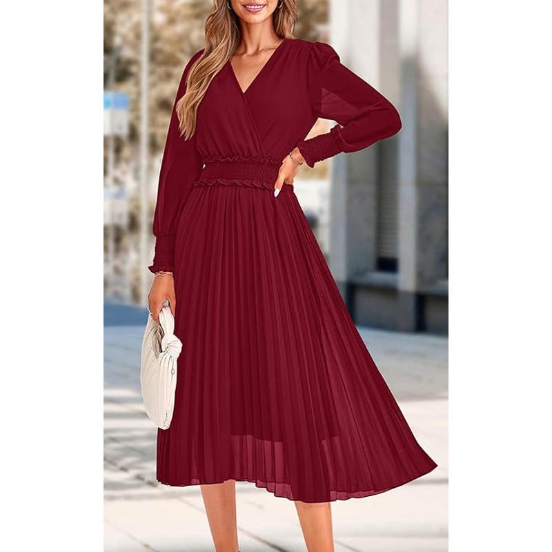 Wrap V Neck Spring Dress 2024 L/S Smocked Flowy Pleated Midi Dress, Wine Red, XL