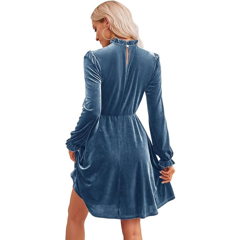 Women's Medium, Blue Velvet Dress Elastic Waistline, Long Sleeved Tunic Dress