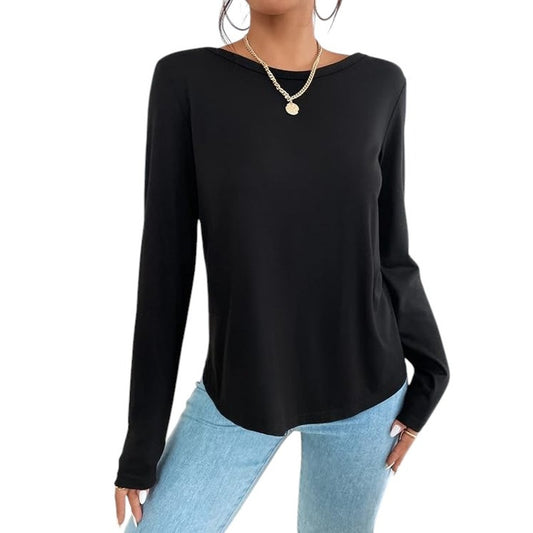 Verdusa Twist Backless Solid Long Sleeve Open Back Tee Shirt Top, Black, XL