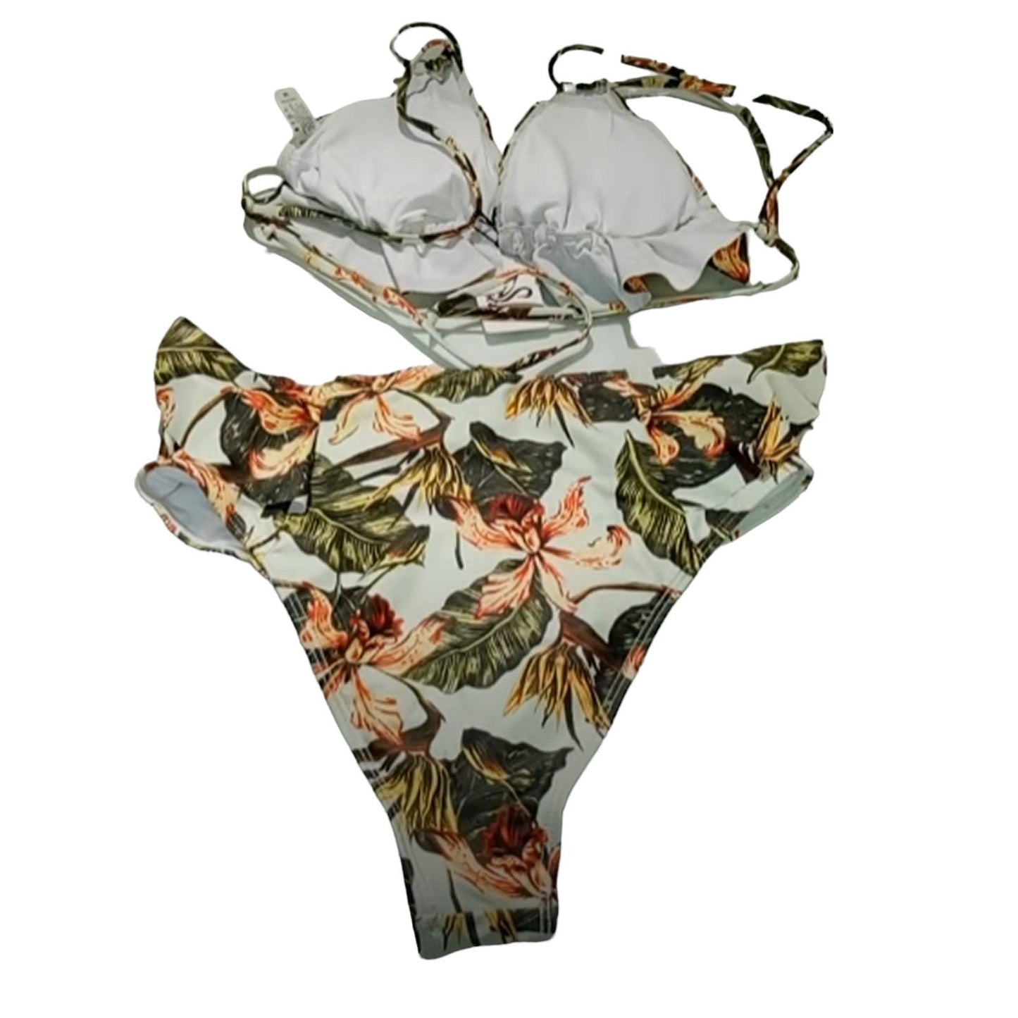 SPORLIKE Ruffle High Waisted Swimsuit Triangle Padded Top Bikini Floral Green M