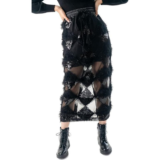 Pantora Women's Alicia Novelty Sequin & Shag Skirt, Black, Large, Waist 33.5"
