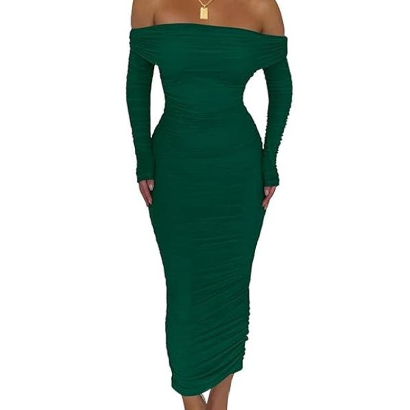 Fall Off Shoulder Maxi Bodycon Dress L/S Ruched Club Dress w/ Slit, MD, Green