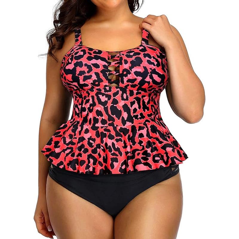 Tummy Control Two Piece Suit Peplum Tankini Tops High Waisted Red Leopard 22plus