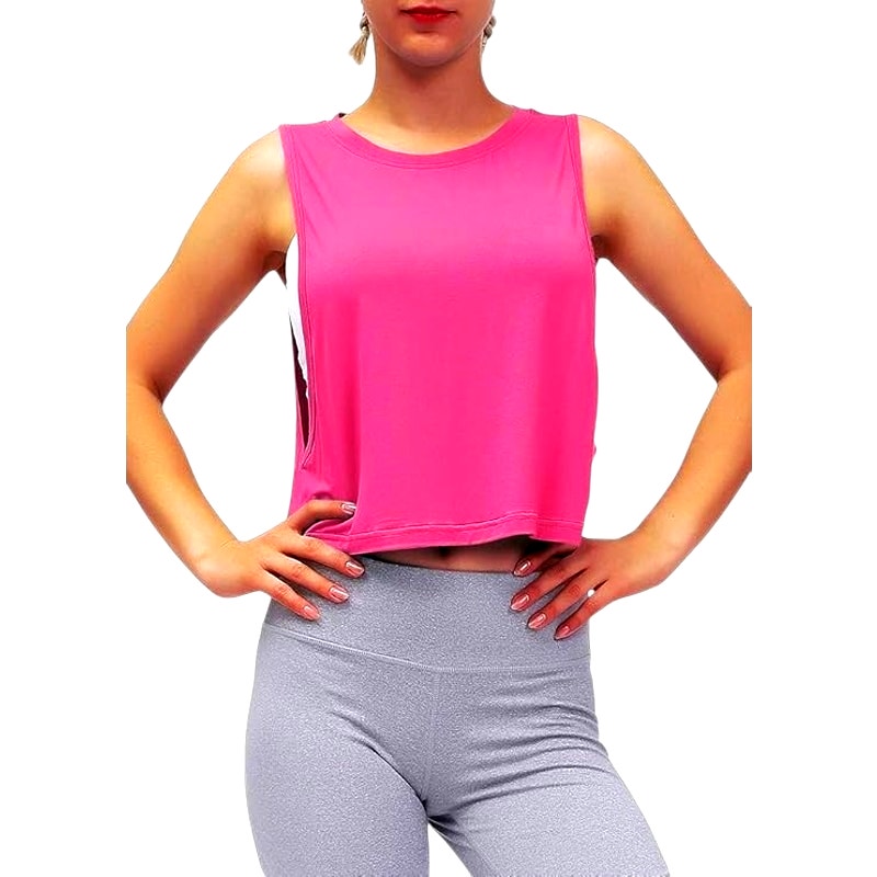 Mippo Mesh Back Workout Crop Tops Loose Fit Running Tank Tops, Fuchsia, XL