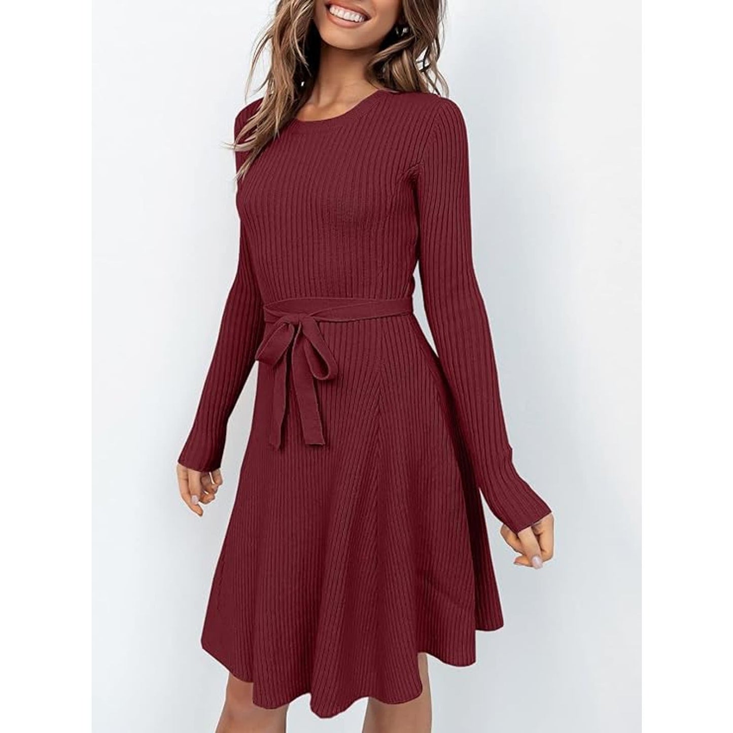 Sweater Dress L/S Crew Neck A Line Midi Tie Waist Rib Knit Bodycon Mini Dress, M