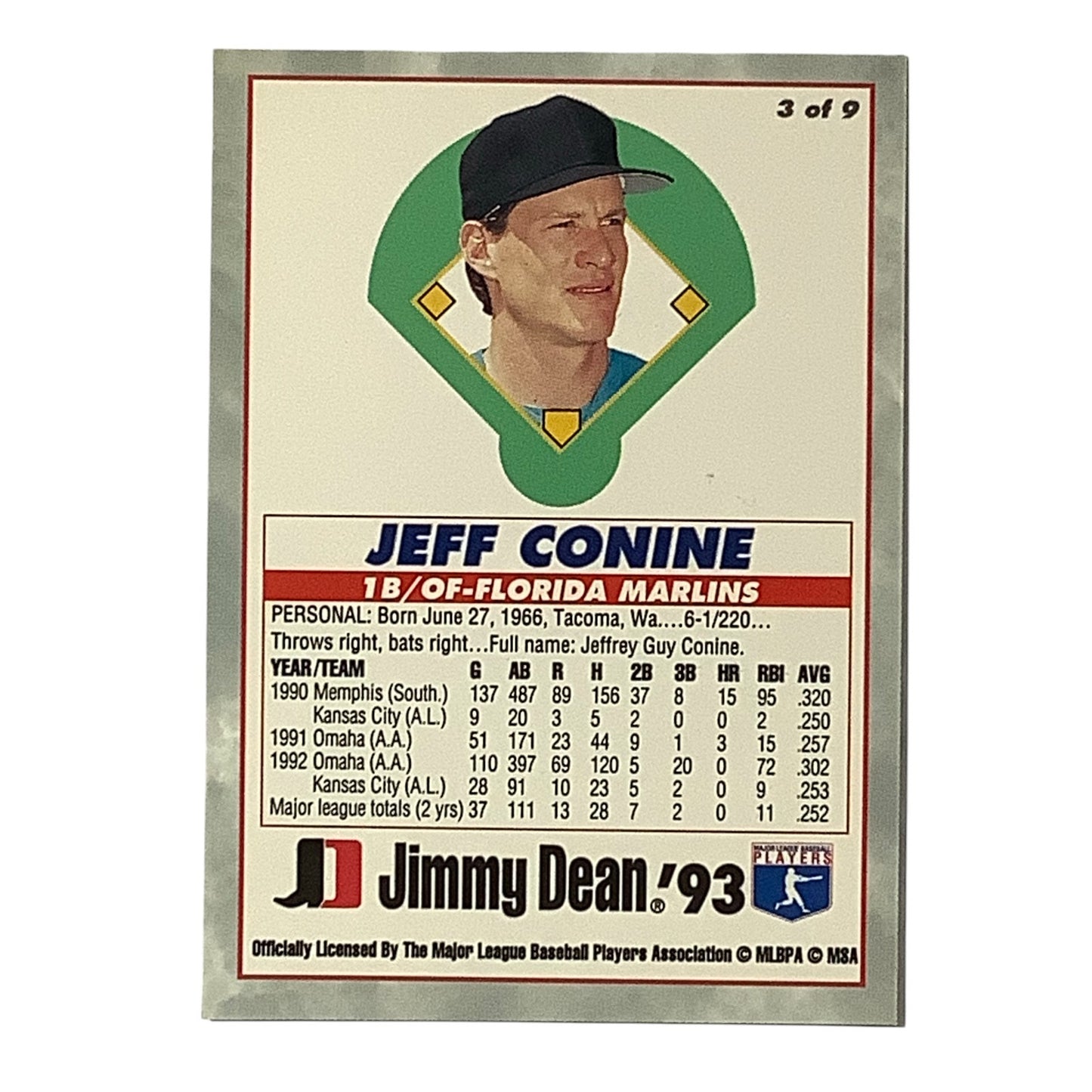 1993 Rookie, Jeff Conine Florida Marlins, MLB, Jimmy Dean 1993, Card 3, EX/NM