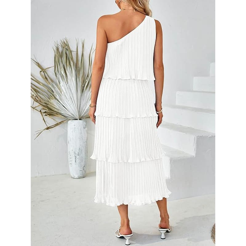 Summer One-Shoulder Sleeveless Pleated Ruffle Tiered Layered Chiffon Party Dress