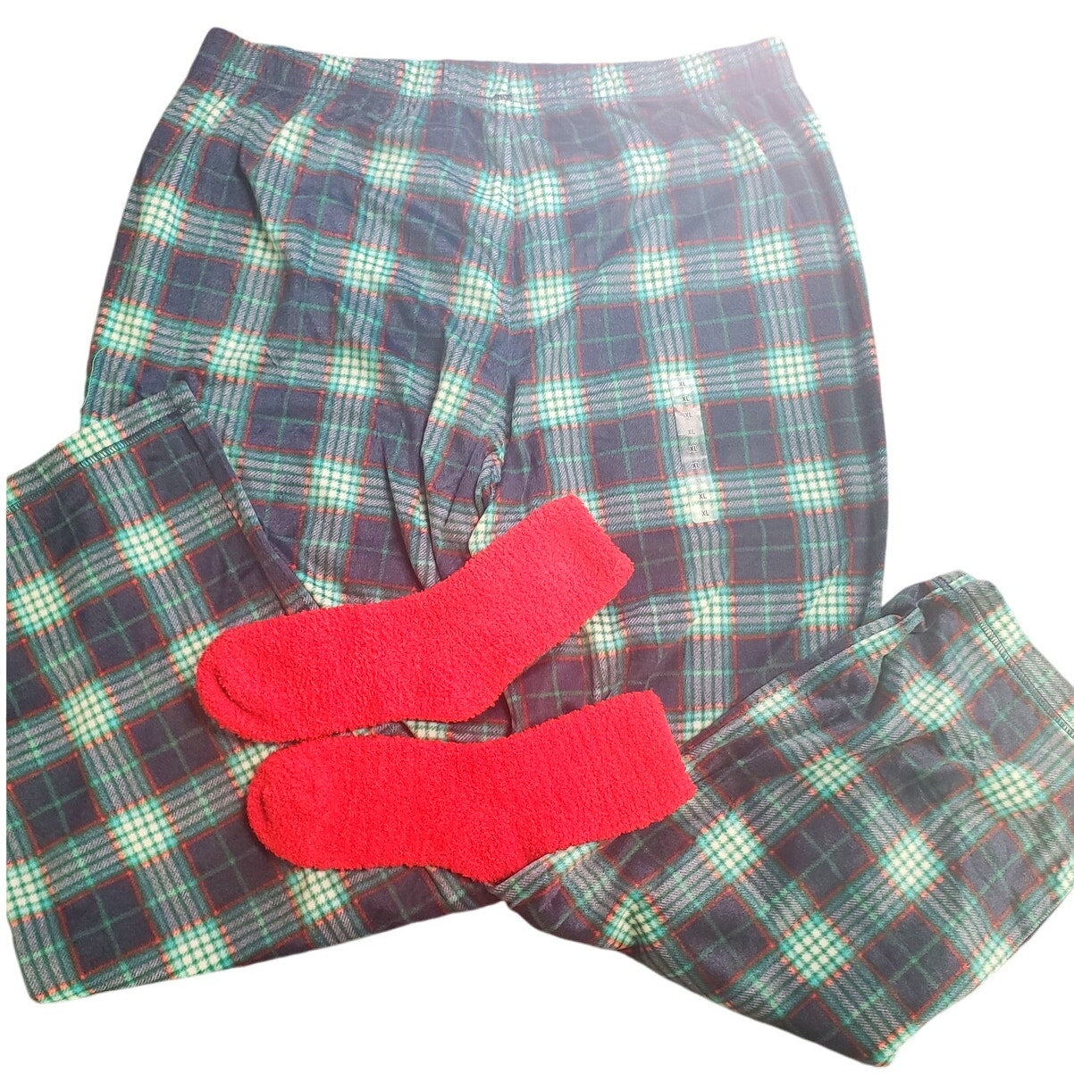 Sleep Chic Womens Flannel Pajama Pants With Socks, Green, Blue, Red Pants, XL