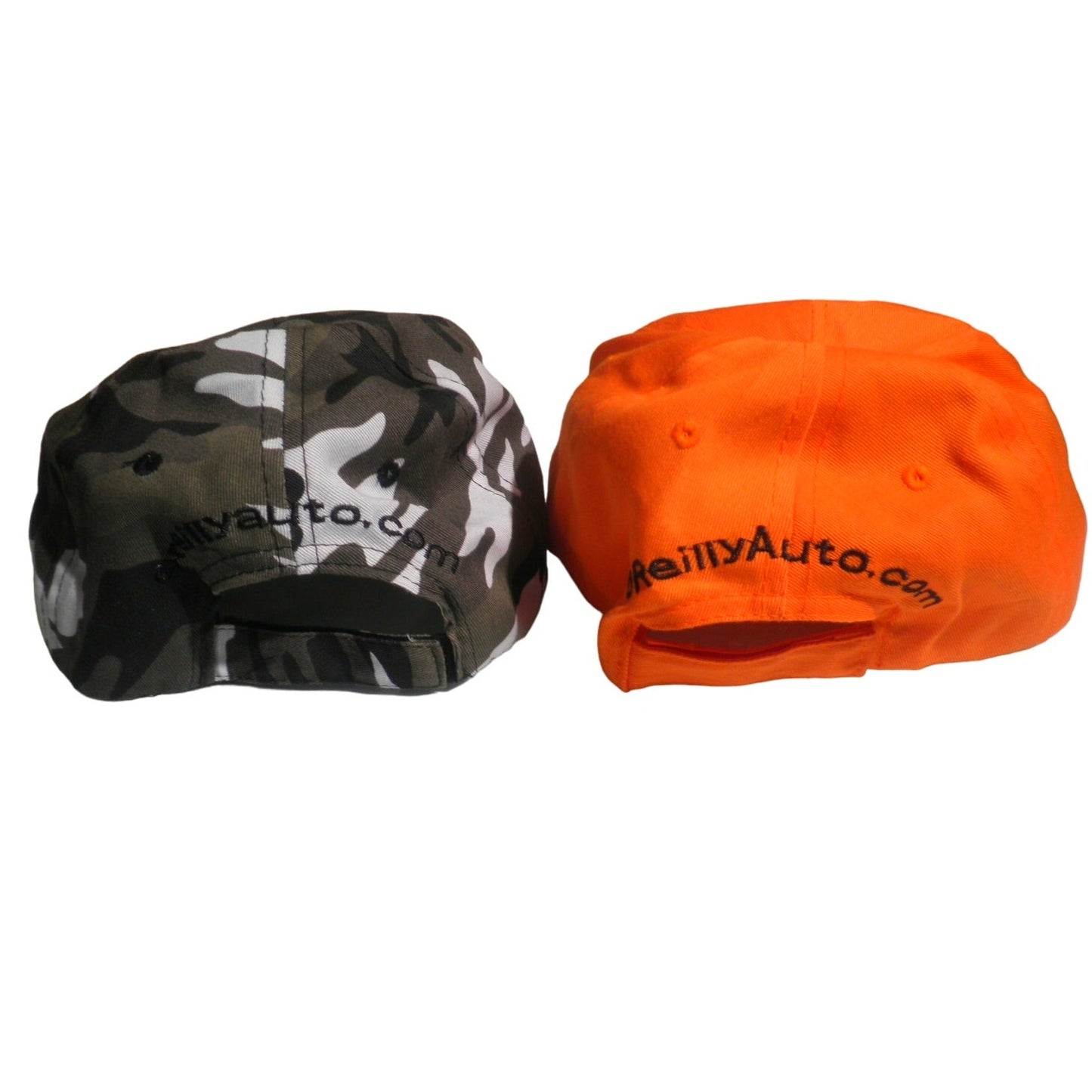 2 O'Reilly Auto Parts Embroidered Ball Caps, 1 x Orange & 1 Woodland Camoflauge