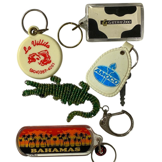 5 Assorted Vintage Keychains - Gateway, Crocodile, Bahamas, La Villita & Amoco