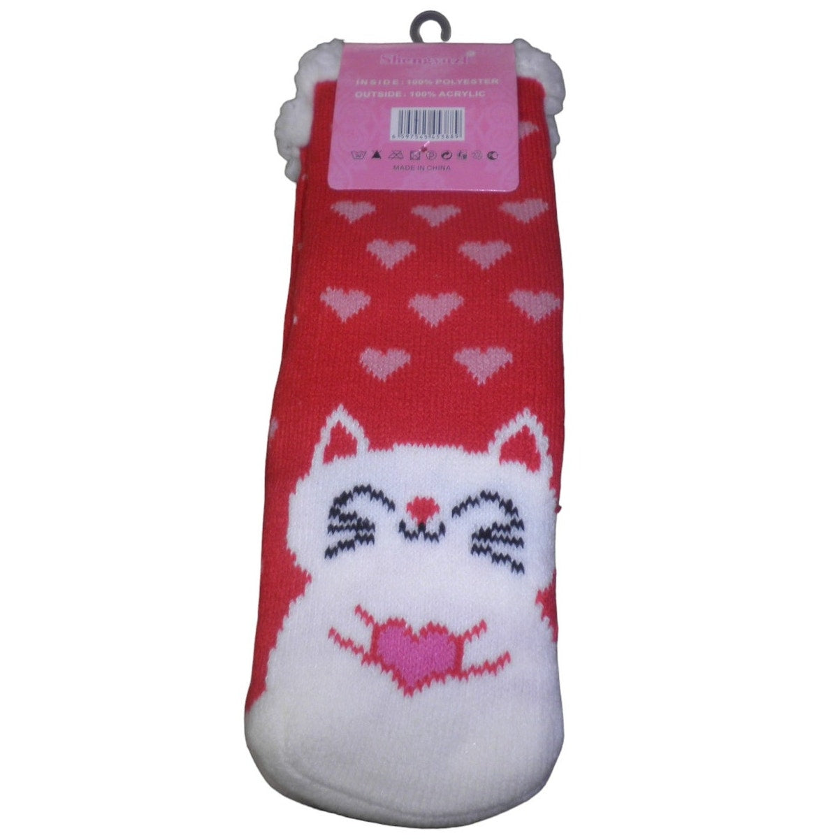 Kitty-Cat Gripper Socks, U.S. Youth 2-4.5, Fleece, Gripper House Sleep Socks