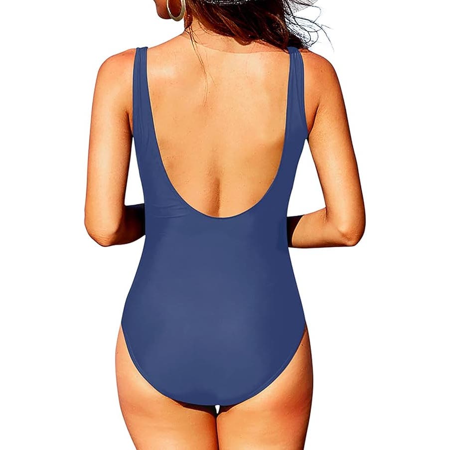 Tempt Me Women One Piece Mesh Swimsuit Tummy Control Swimwear Solid Blue XL