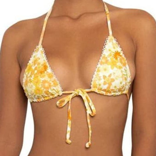 Jsezml Brazilian Bikini Top, Yellow Floral Print, Med (6) Bust 33.86 - 35.83 in.