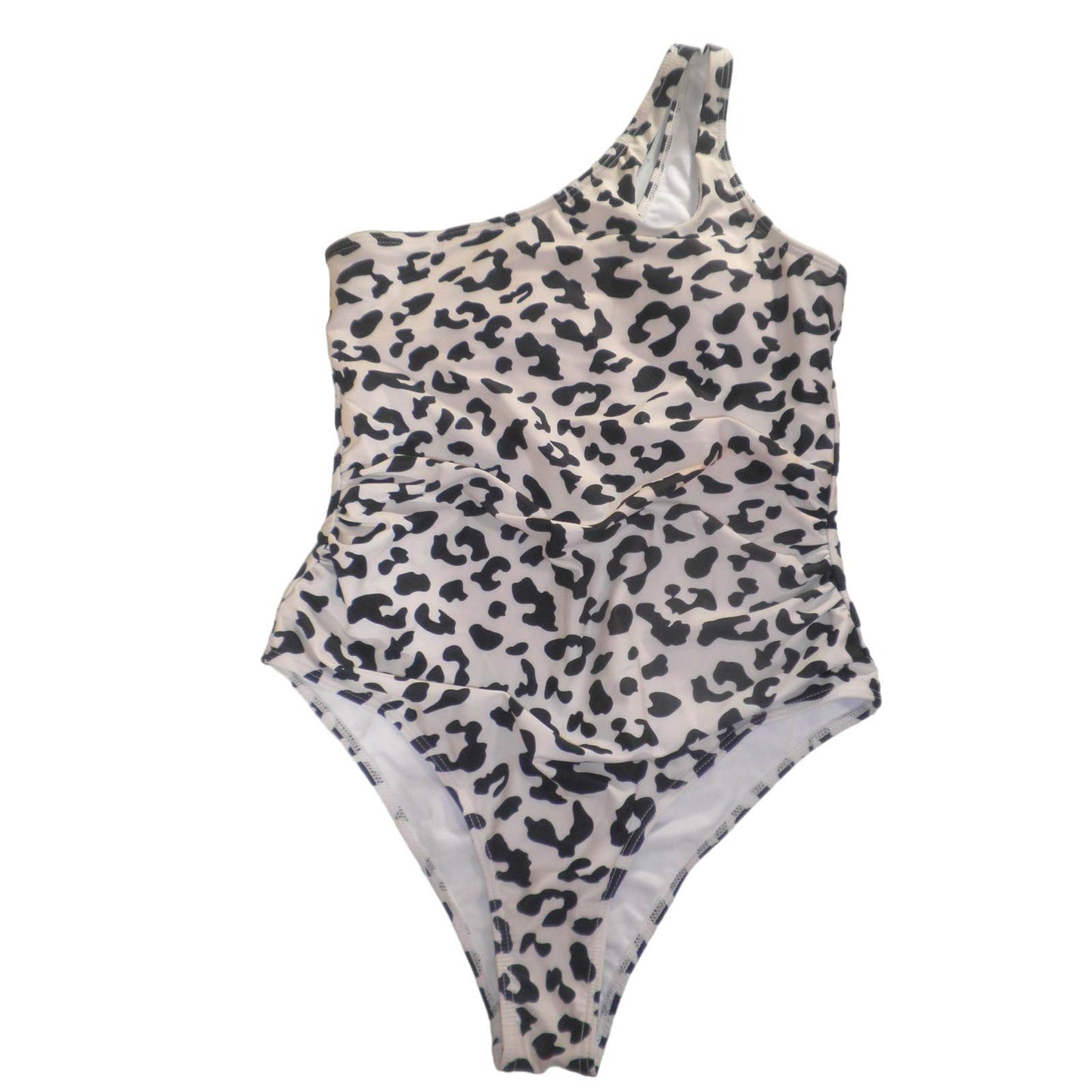 One Shoulder One Piece Ruched Swimsuit Tummy Control Full Coverage, Leopard, LRG