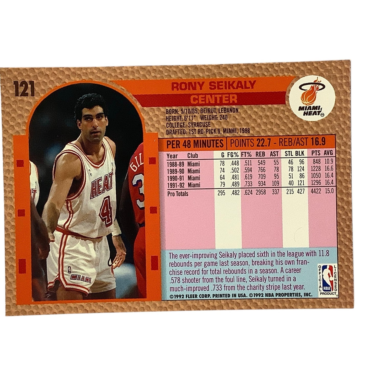 Rony Seikaly (C), Card #121, Miami Heat, 1992-93 Fleer NBA