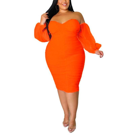 Bodycon Dress, Off Shoulder Dress Solid Color, Sexy Slim Fit, Orange 4XL