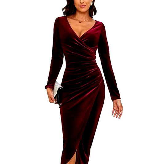 V-Neck Wrap Velvet Long Sleeve Elegant Bodycon Ruched Maxi Dress, M, Wine Red