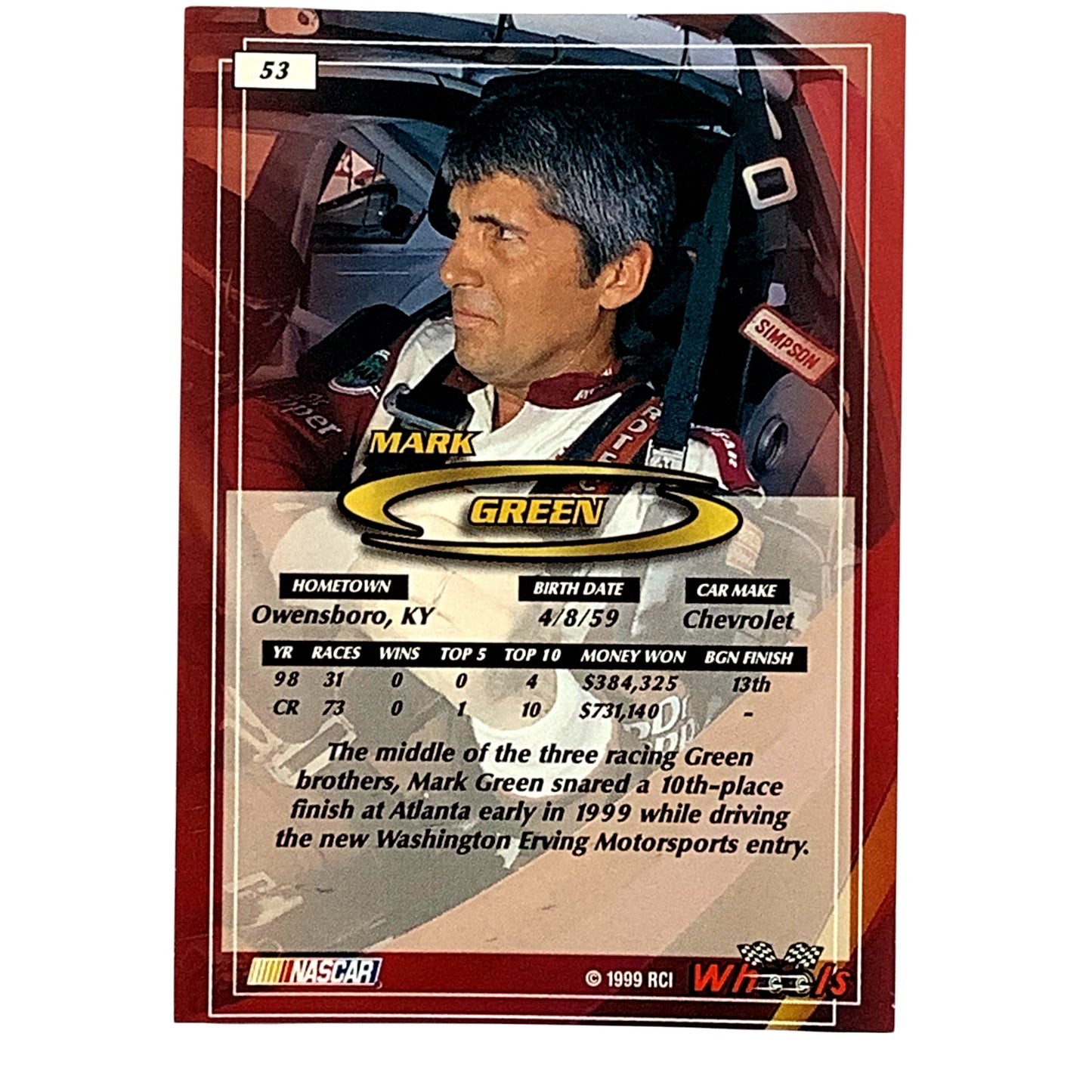 Mark Green, Sponsor: Dr. Pepper, Card 53, 1999 Wheels NASCAR Winston Cup, NM+