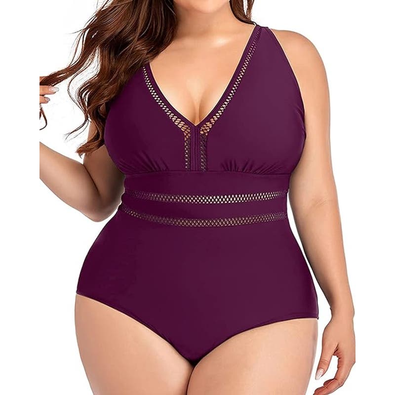 Daci Maroon Plus Size One Piece Swimsuits Sexy V Neck Backless Bathing Suit 24W