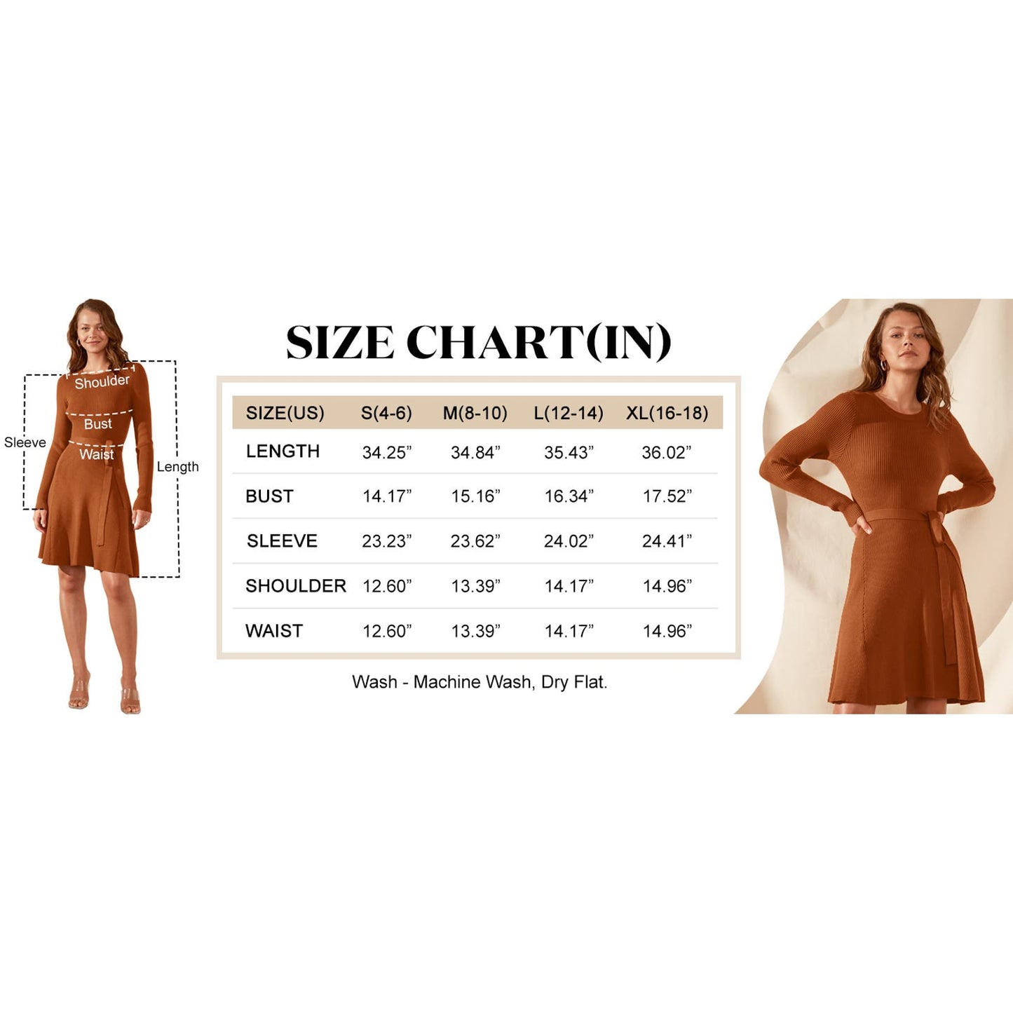 Sweater Dress L/S Crew Neck A Line Midi Tie Waist Rib Knit Bodycon Mini Dress, M